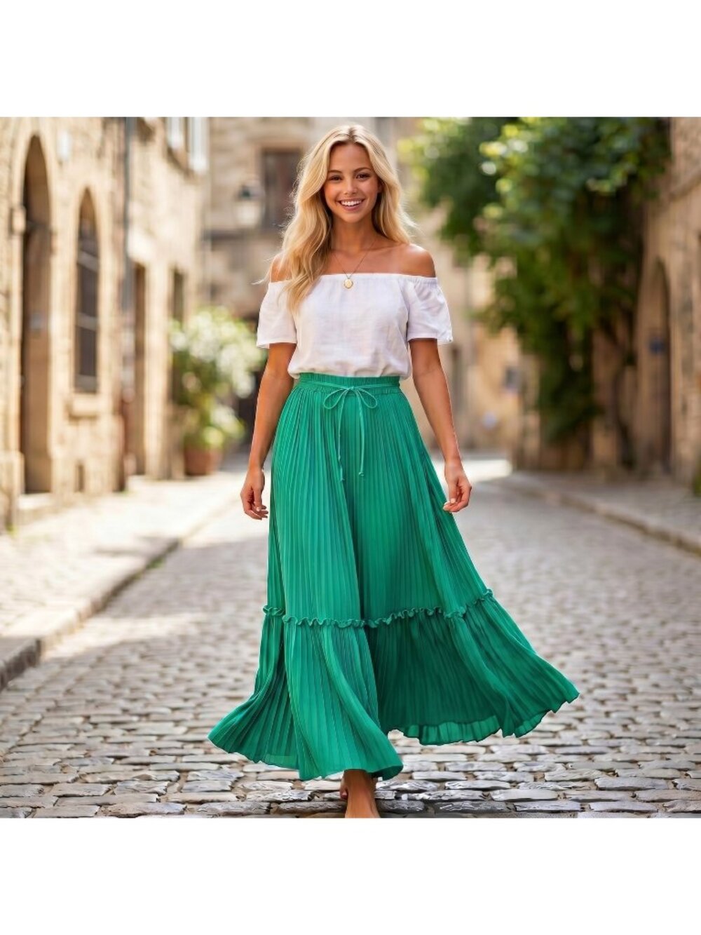 VTG Maxi Skirt Pleated Green Sz S W Matching Detached Waist Tie 70s Jewel Tone